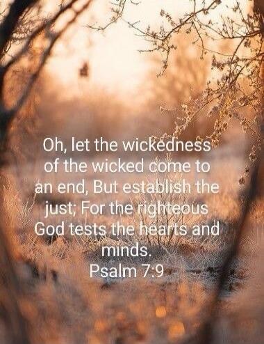 Oh, let the wickedness of the wicked come to an end, But establish the just; For the righteous God tests the hearts and minds. Psalm 7:9