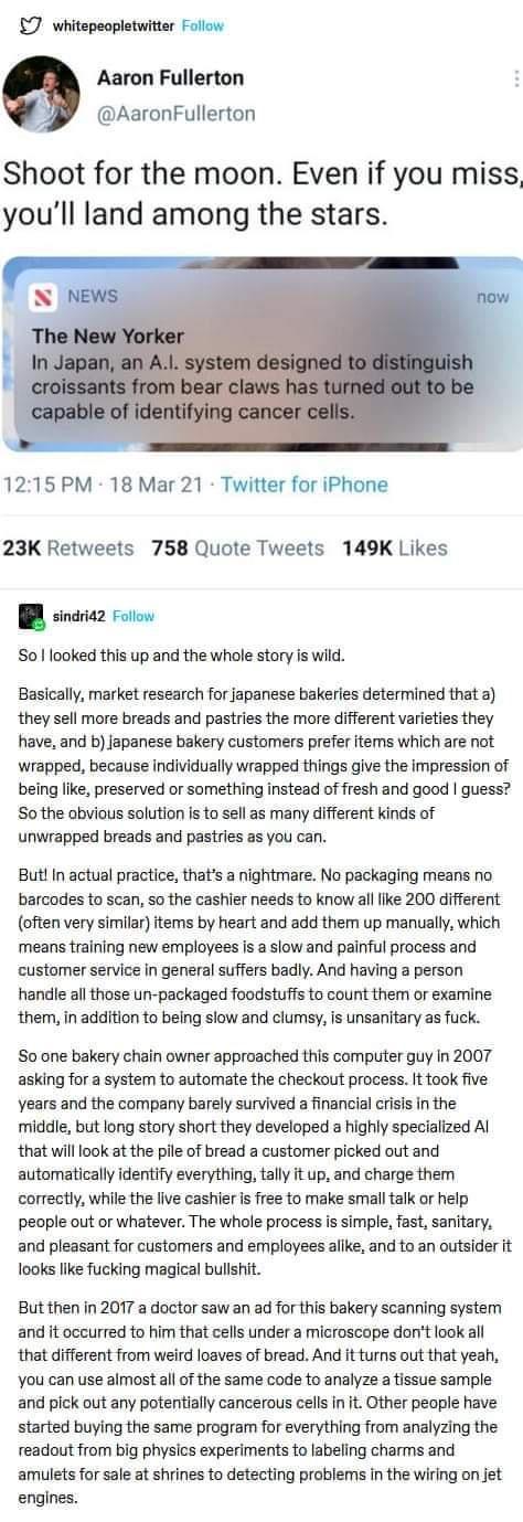 7 whitepeopletwitter Follow Aaron Fullerton AaronFullerton Shoot for the moon Even if you miss youll land among the stars 1215 PM 18 Mar 21 Twitter for iPhone 23K Retweets 758 Quote Tweets 149K Likes B sincriaz Folow So looked this up and the whole story is wild Basically market research for japanese bakeries determined that a they sell more breads and pastries the more different varieties they ha