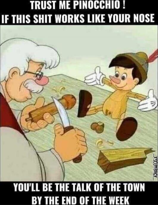 TRUST ME PINOCCHIO ! IF THIS SHIT WORKS LIKE YOUR NOSE YOU'LL BE THE TALK OF THE TOWN BY THE END OF THE WEEK