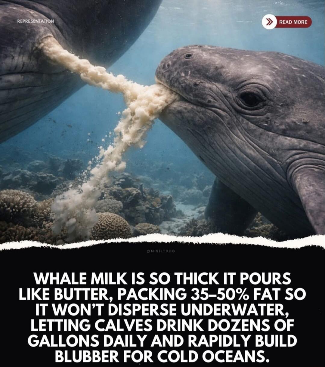 WHALE MILK IS SO THICK IT POURS LIKE BUTTER, PACKING 35–50% FAT SO IT WON’T DISPERE UNDERWATER, LETTING CALVES DRINK DOZENS OF GALLONS DAILY AND RAPIDLY BUILD BLUBBER FOR COLD OCEANS.