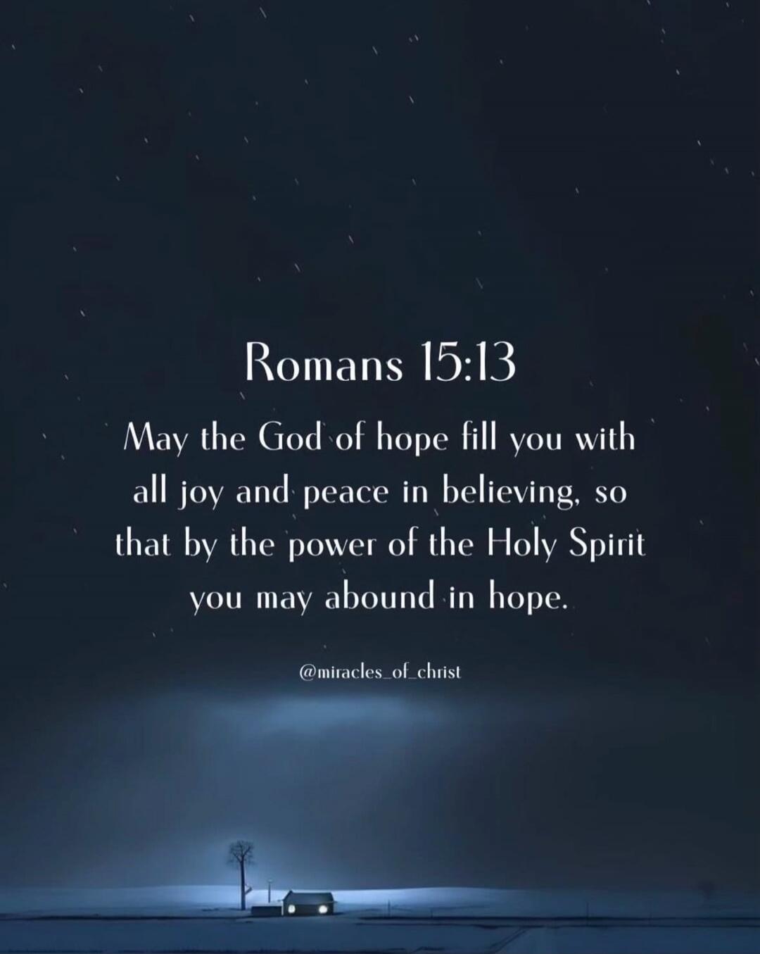Romans 15:13 May the God of hope fill you with all joy and peace in believing, so that by the power of the Holy Spirit you may abound in hope.