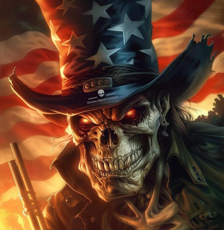 Skeleton cowboy wearing a tall hat with an American flag motif, set against a fiery background while holding a rifle.