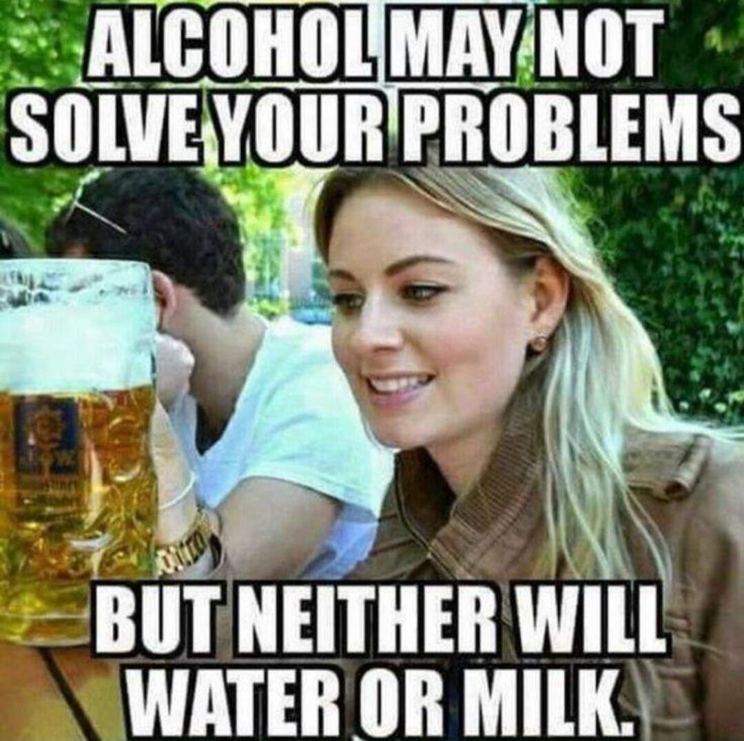 ALCOHOL MAY NOT SOLVE YOUR PROBLEMS BUT NEITHER WILL WATER OR MILK.
