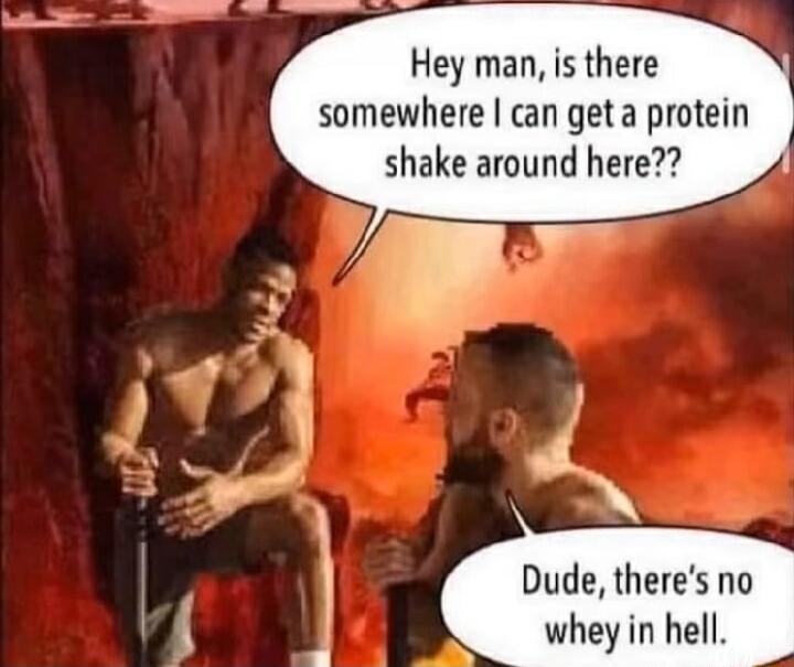 Hey man is there somewhere can geta protein shake around here Dude theres no whey in hell