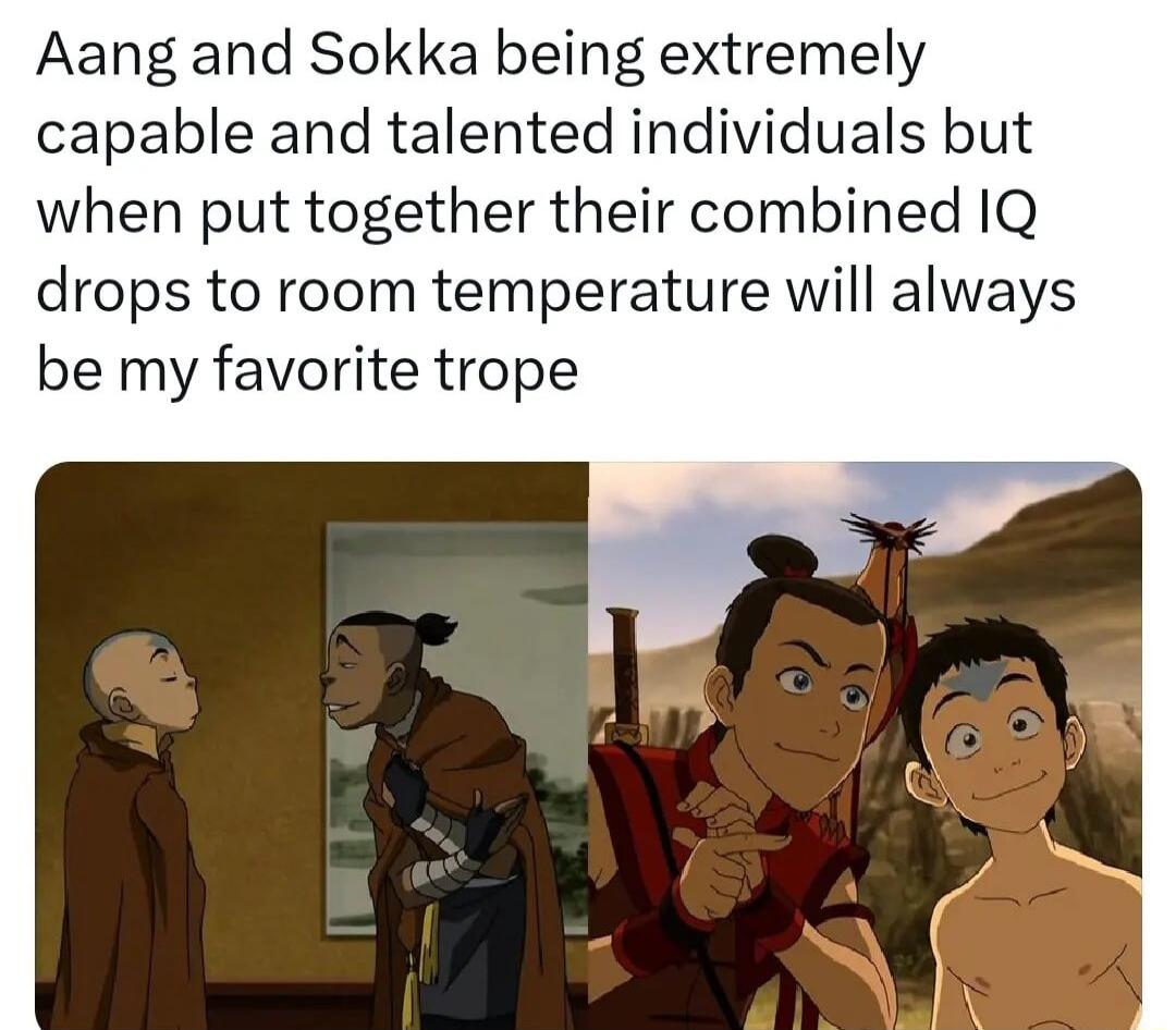 Aang and Sokka being extremely capable and talented individuals but when put together their combined 1Q drops to room temperature will always be my favorite trope