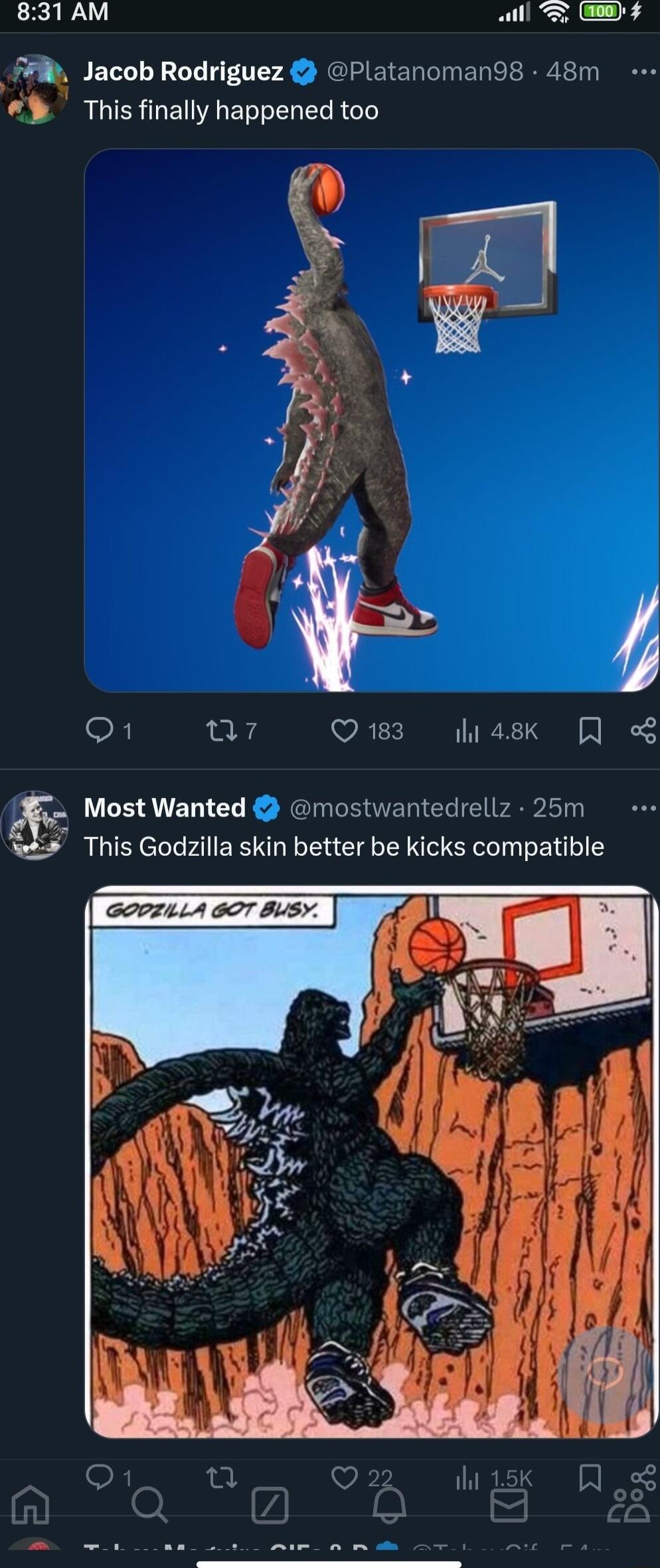 831 AM Jacob Rodriguez Platanoman98 48m This finally happened too O 07 Q183 liask LLCERVEN CLE RalEENCE AL This Godezilla skin better be kicks compatible