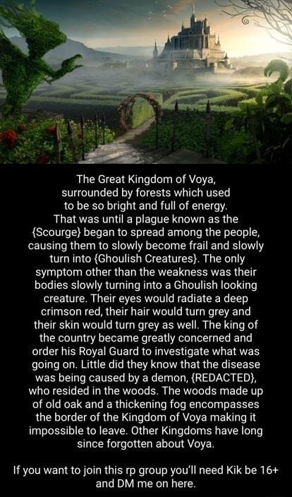 The Great Kingdom of Voya surrounded by forests which used to be so bright and full of energy That was until a plague known as the Scourge began to spread among the people causing them to slowly become frail and slowly turn into Ghoulish Creatures The only symptom other than the weakness was their bodies slowly turning into a Ghoulish looking creature Their eyes would radiate a deep crimson red th