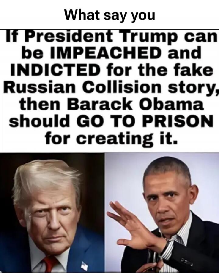 What say you If President Trump can be IMPEACHED and INDICTED for the fake Russian Collusion story, then Barack Obama should GO TO PRISON for creating it.