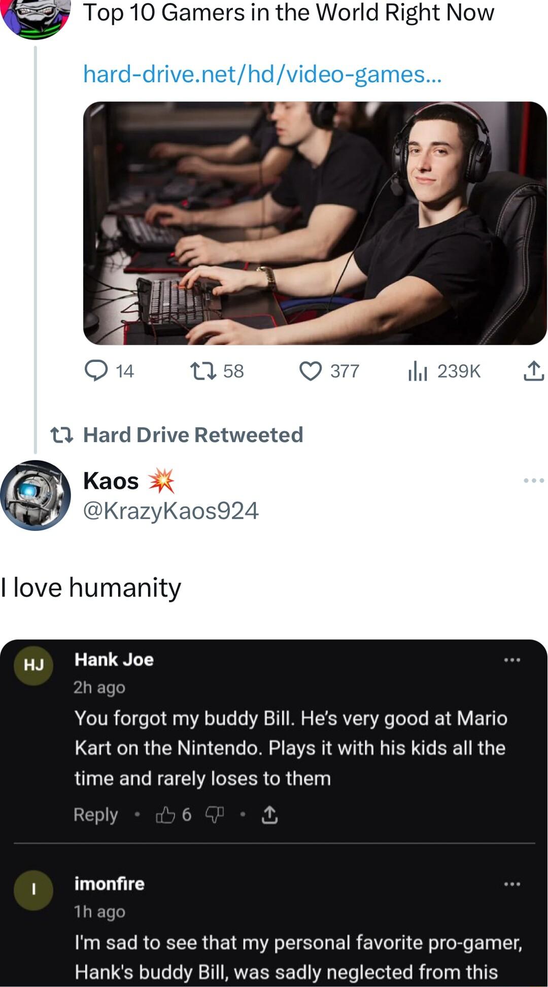 Top 10 Gamers in the World Right Now love humanity Wy Hank Joe h age You forgot my buddy Bill Hes very good at Mario Kart on the Nintendo Plays it with his kids all the time and rarely loses to them Reply imonfire h ag Im sad to see that my personal favorite pro gamer Hanks buddy Bill was sadly neglected from this