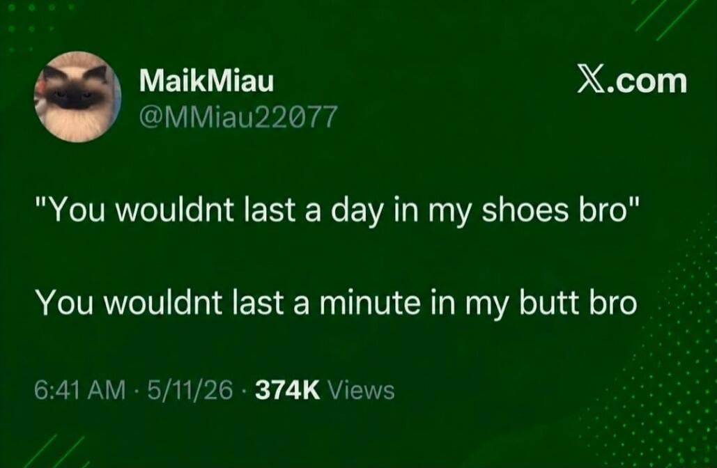 You wouldn't last a day in my shoes bro. You wouldn't last a minute in my butt bro.