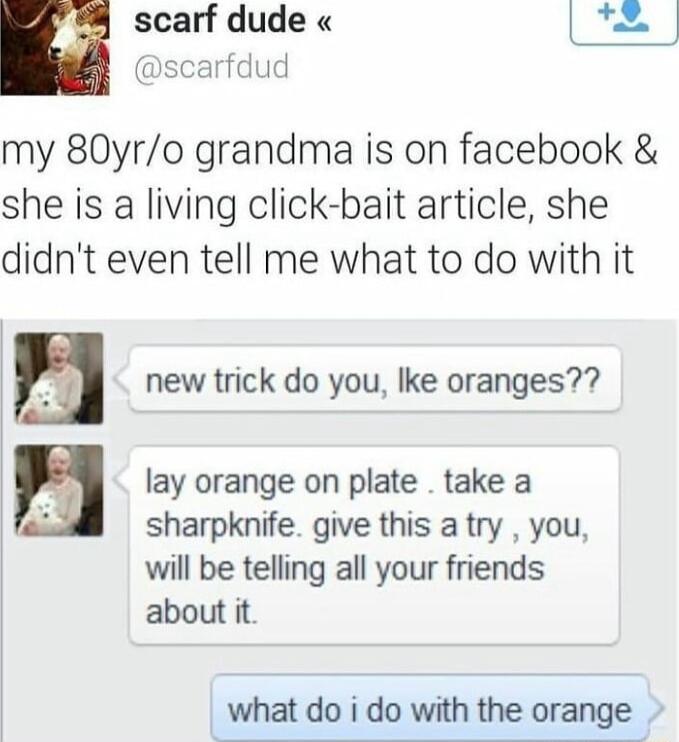 n scarf dude scarfdud my 80yro grandma is on facebook she is a living click bait article she didnt even tell me what to do with it new trick do you lke oranges m lay orange on plate take a v sharpknife give this atry you will be telling all your friends about it what do i do with the orange