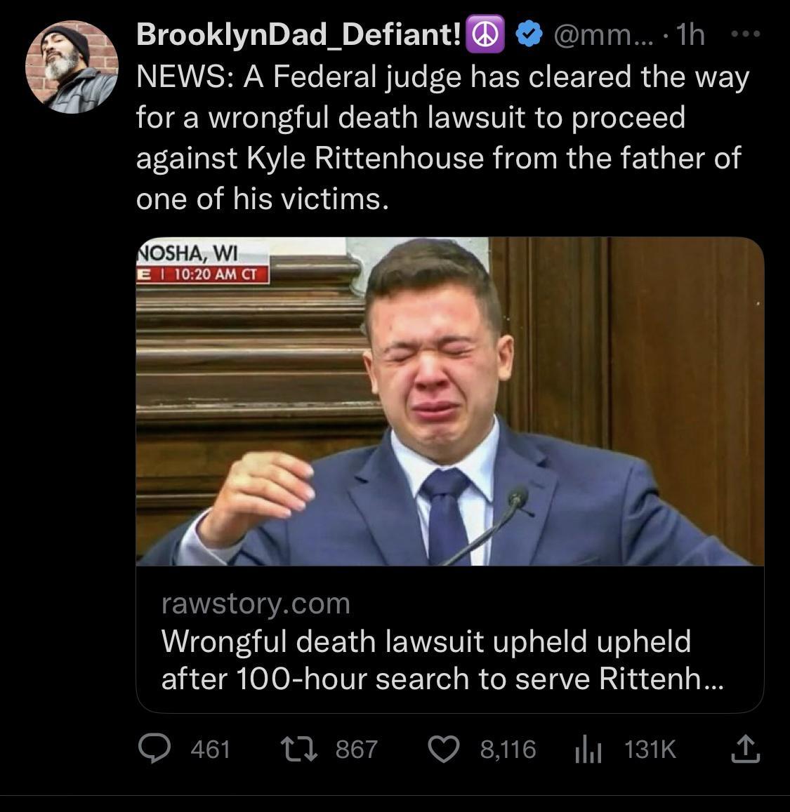 ST SN T T ECY EERC EETE R ERTE for a wrongful death lawsuit to proceed EEETE S IEY R VELR T RO R E1G IR one of his victims Q BrooklynDad_Defiant mm 1h rawstorycom Wrongful death lawsuit upheld upheld after 100 hour search to serve Rittenh Q461 1l ser Qe 1BK A