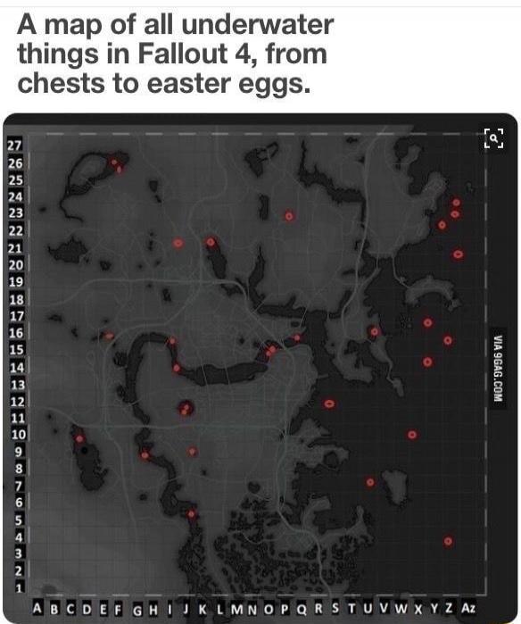 A map of all underwater things in Fallout 4, from chests to easter eggs.