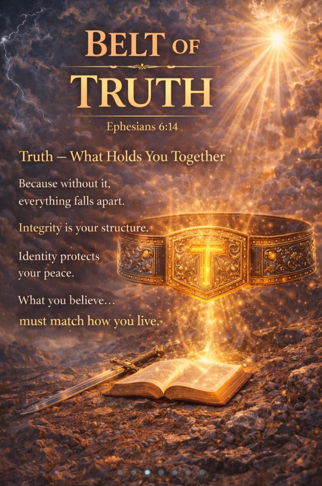 BELT OF TRUTH Ephesians 6:14 Truth — What Holds You Together Because without it, everything falls apart. Integrity is your structure. Identity protects your peace. What you believe... must match how you live.
