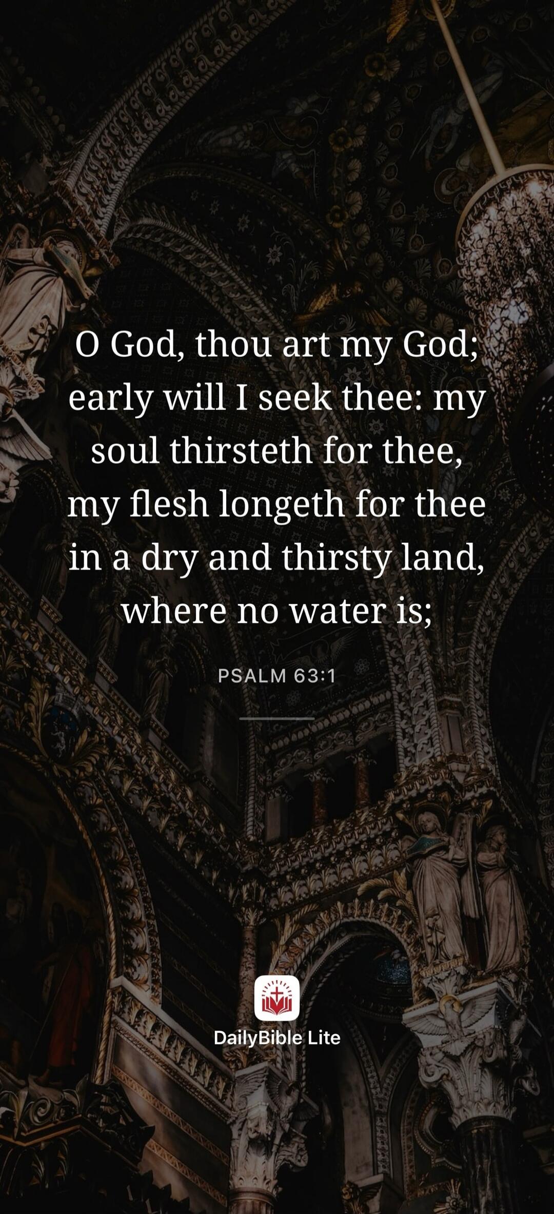 O God, thou art my God; early will I seek thee: my soul thirsteth for thee, my flesh longeth for thee in a dry and thirsty land, where no water is; PSALM 63:1