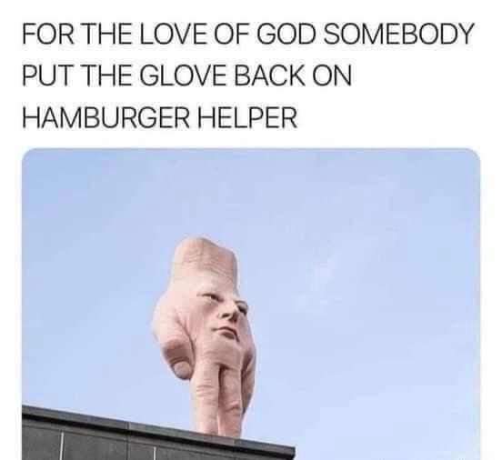 FOR THE LOVE OF GOD SOMEBODY PUT THE GLOVE BACK ON HAMBURGER HELPER