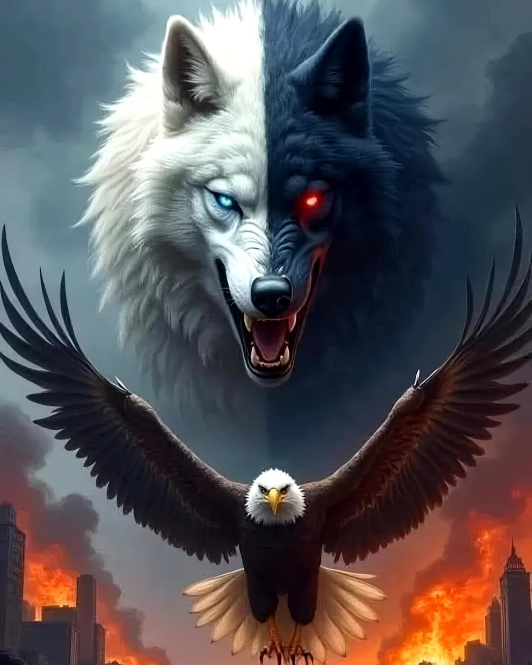 Two-headed wolf with blue and red eyes looming behind a flying eagle over a burning city.