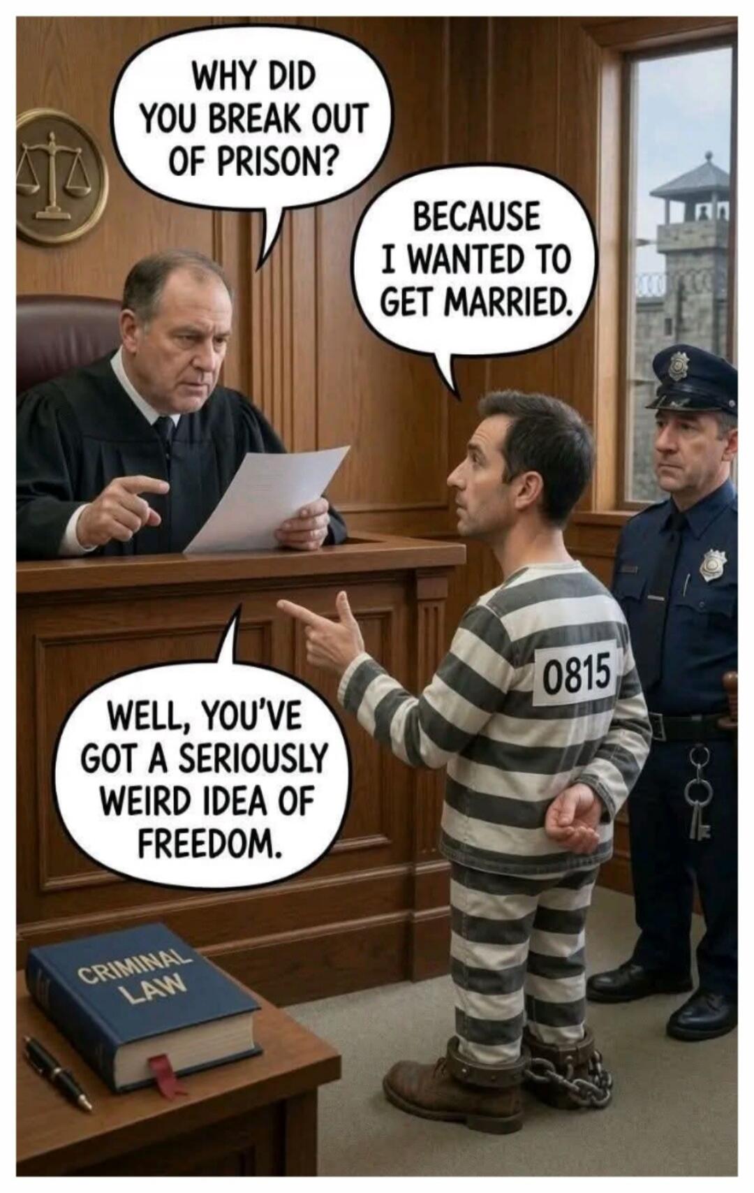 Judge: Why did you break out of prison? Prisoner: Because I wanted to get married. Judge: Well, you've got a seriously weird idea of freedom. Book: Criminal Law.