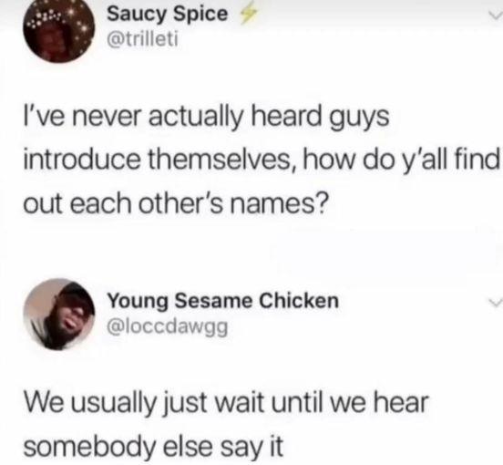 Saucy Spice trilleti Ive never actually heard guys introduce themselves how do yall find out each others names Young Sesame Chicken loccdawgg We usually just wait until we hear somebody else say it