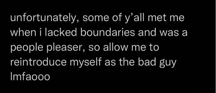 unfortunately some of yall met me when i lacked boundaries and was a people pleaser so allow me to reintroduce myself as the bad guy iETelele