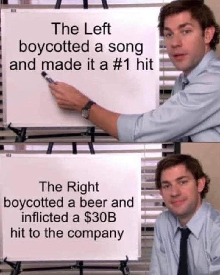 The Left boycotted a song and made it a 1 hit The Right boycotted a beer and inflicted a 30B hit to the company