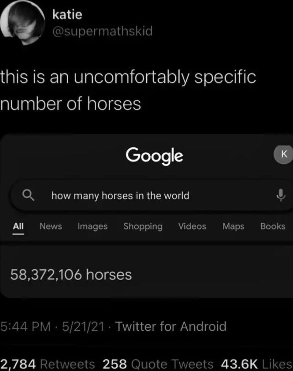 katie SETGEIN this is an uncomfortably specific number of horses Google x Q_ how many horses in the world 4 Al News Images Shopping Videos Maps Books 58372106 horses PARRITI G o ghNlelfele 258 Quote Tweets 436K Li