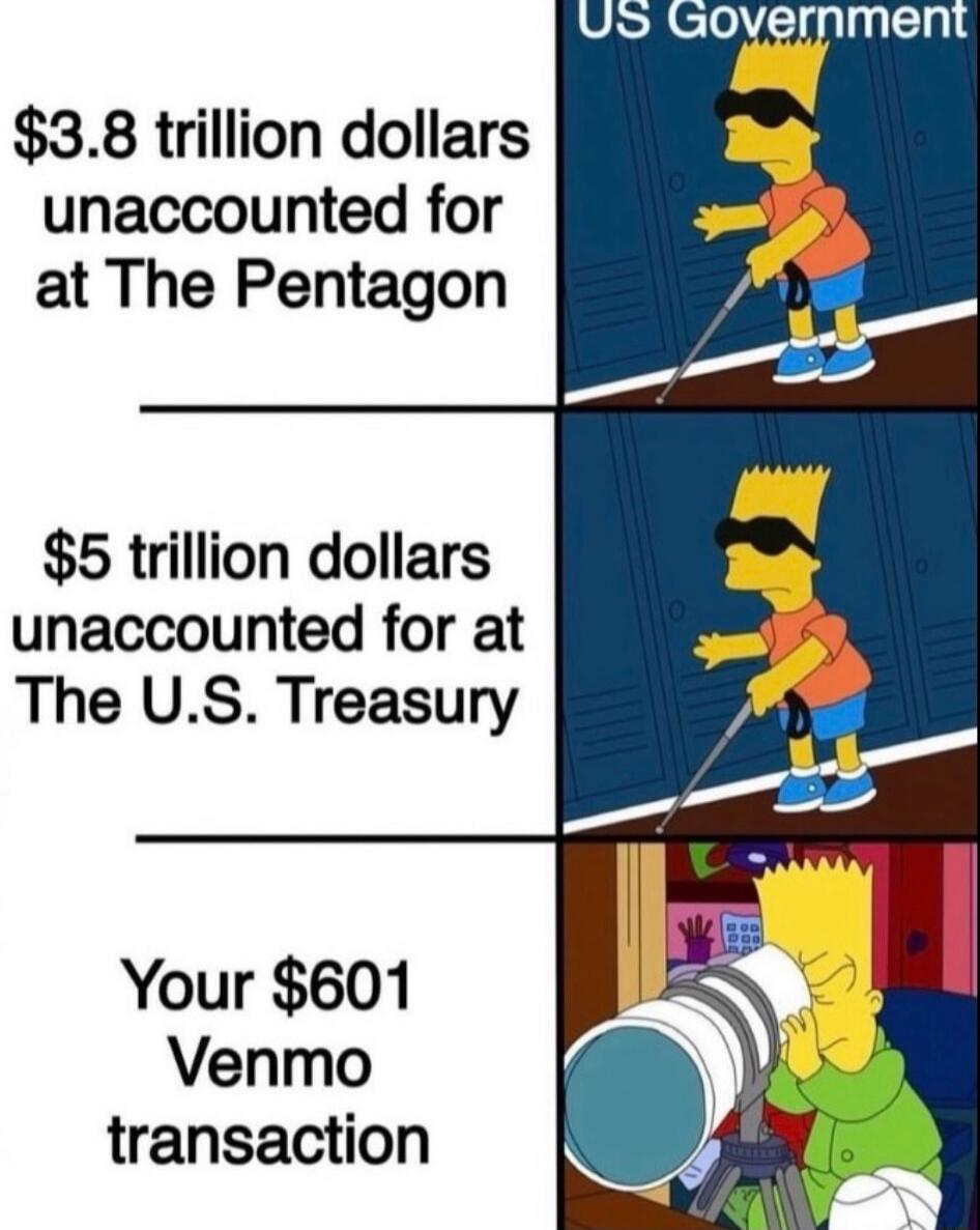 $3.8 trillion dollars unaccounted for at The Pentagon
$5 trillion dollars unaccounted for at The U.S. Treasury
Your $601 Venmo transaction