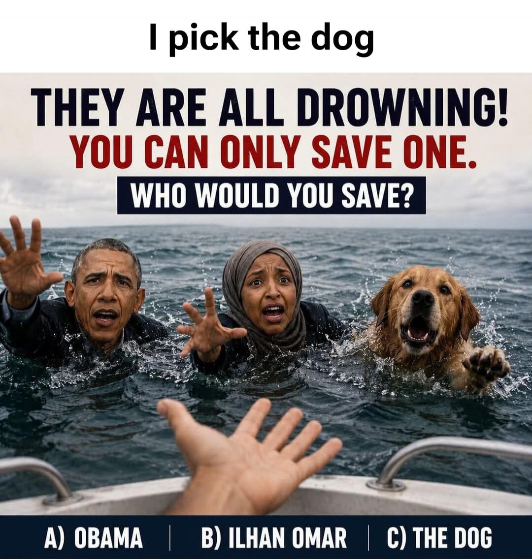 I pick the dog. THEY ARE ALL DROWNING! YOU CAN ONLY SAVE ONE. WHO WOULD YOU SAVE? A) OBAMA B) ILHAN OMAR C) THE DOG