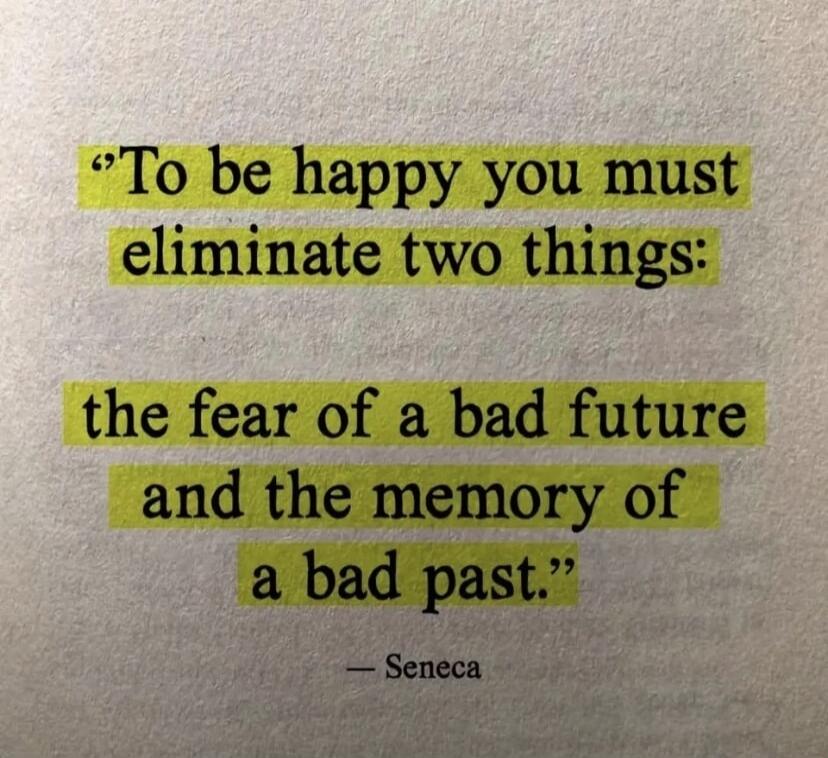 To be happy you must eliminate two things: the fear of a bad future and the memory of a bad past. - Seneca