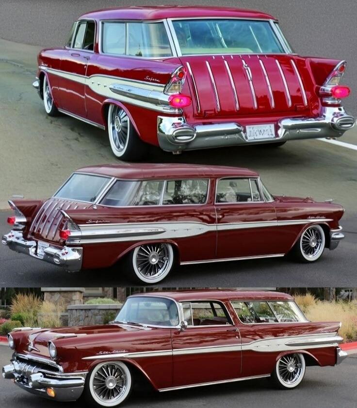 Three vintage station wagons (1950s era) in burgundy/red tones shown from different angles.