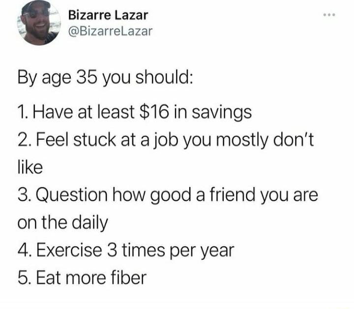 Bizarre Lazar BizarreLazar By age 35 you should 1 Have at least 16 in savings 2 Feel stuck at a job you mostly dont like 3 Question how good a friend you are on the daily 4 Exercise 3 times per year 5 Eat more fiber