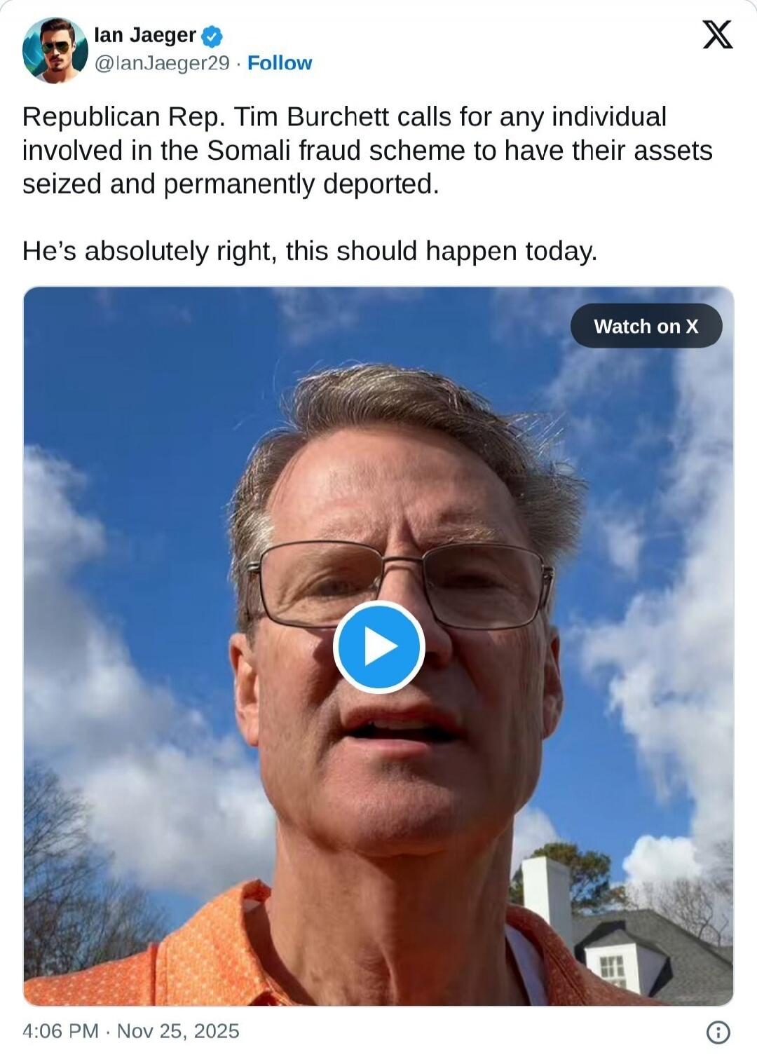 Republican Rep. Tim Burchet calls for any individual involved in the Somali fraud scheme to have their assets seized and permanently deported. He’s absolutely right, this should happen today.