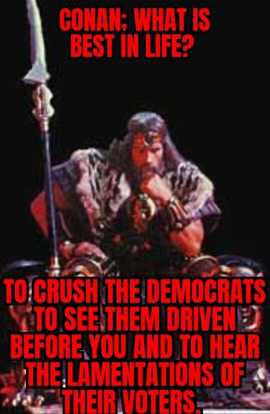 CONAN; WHAT IS BEST IN LIFE? TO CRUSH THE DEMOCRATS TO SEE THEM DRIVEN BEFORE YOU AND TO HEAR THE LAMENTATIONS OF THEIR VOTERS.