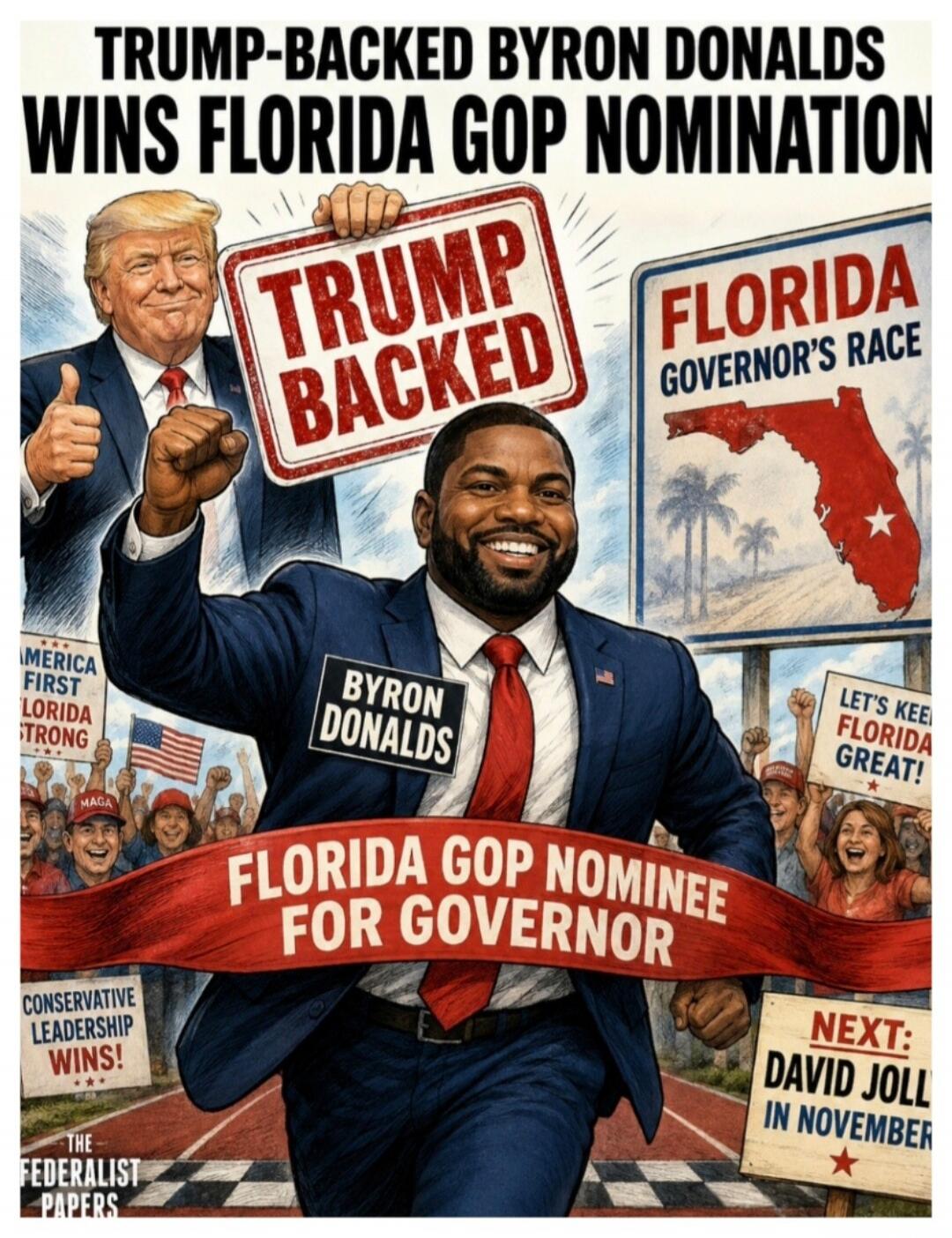 TRUMP-BACKED BYRON DONALDS WINS FLORIDA GOP NOMINATION. TRUMP BACKED. FLORIDA GOVERNOR'S RACE. AMERICA FIRST. FLORIDA STRONG. MAGA. BYRON DONALDS. FLORIDA GOP NOMINEE FOR GOVERNOR. CONSERVATIVE LEADERSHIP WINS! THE FEDERALIST PAPERS. LET'S KEEP FLORIDA GREAT! NEXT: DAVID JOLL IN NOVEMBER.