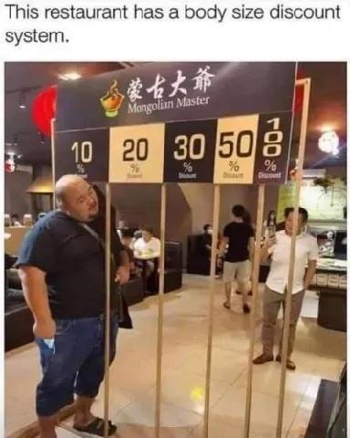 This restaurant has a body size discount system 24 2T o o Master Soagolsn Mo