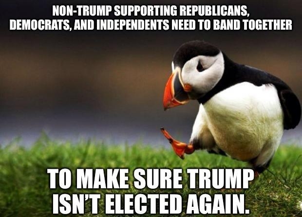 NON TRUMP SUPPORTING REPUBLICANS DEMOCRATS AND INDEPENDENTS NEED TO BAND TOGETHER L T0 MAKESURE TRUMP ISNTELECTED AGAIN