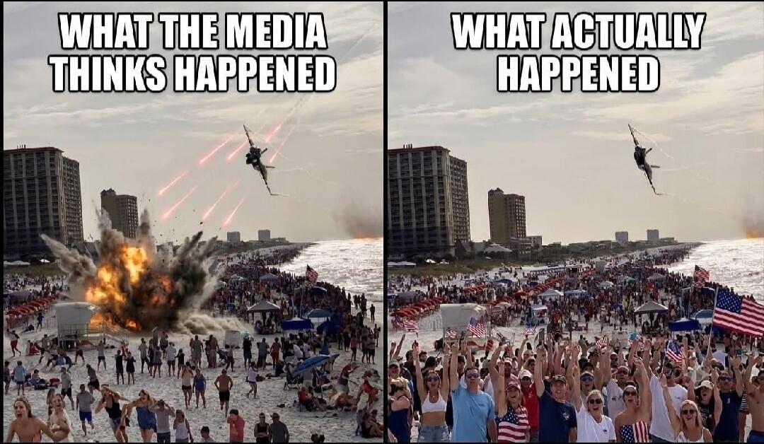WHAT THE MEDIA THINKS HAPPENED. WHAT ACTUALLY HAPPENED. The left panel depicts a fighter jet attacking a crowded beach with missiles and an explosion, causing people to flee in panic. The right panel shows the same beach scene with a kite shaped like a fighter jet flying peacefully, and people celebrating with American flags.