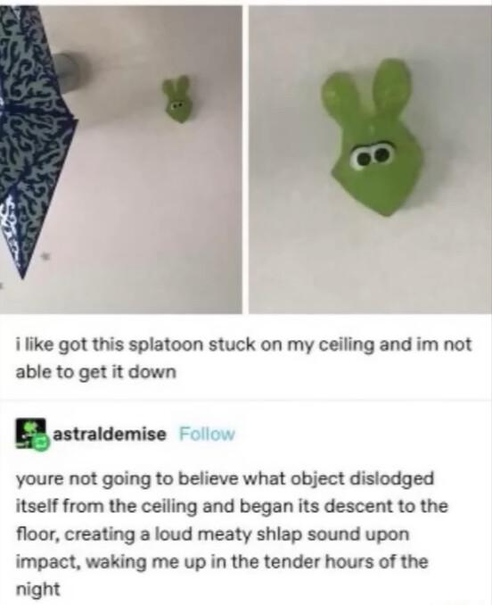 i like got this splatoon stuck on my ceiling and im not able to get it down BB astraidemise oo youre not going to believe what object dislodged itself from the ceiling and began its descent to the floor creating a loud meaty shlap sound upon impact waking me up in the tender hours of the night