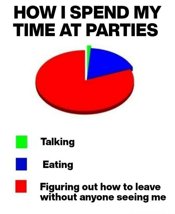 HOW I SPEND MY TIME AT PARTIES\n\nTalking\nEating\nFiguring out how to leave without anyone seeing me