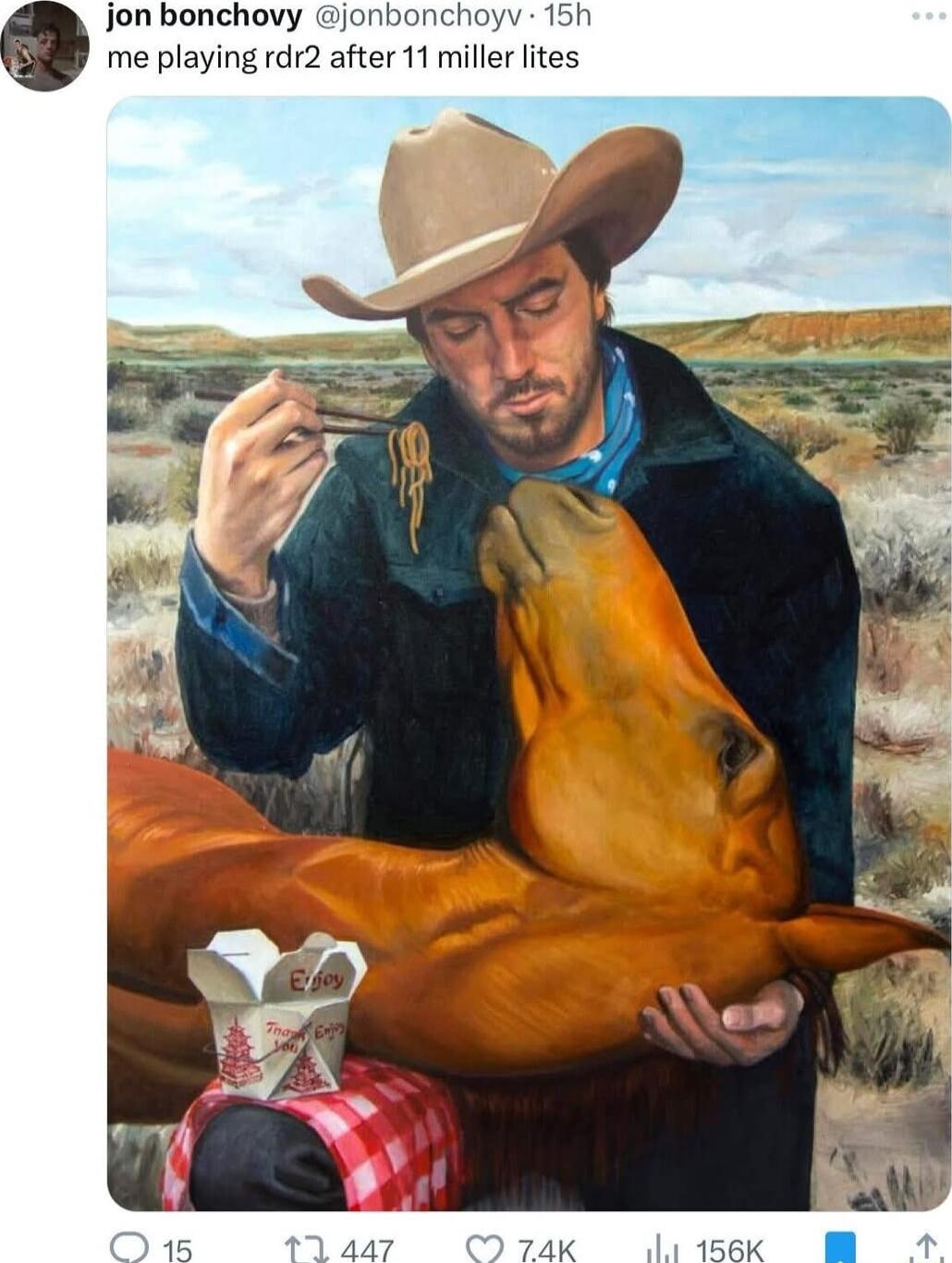 Jon bonchovy jonbonchoyv 15h me playing rdr2 after 11 miller lites