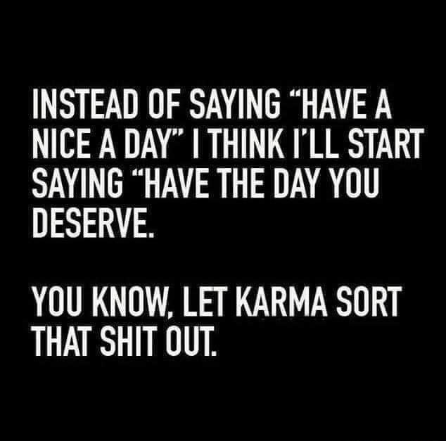 INSTEAD OF SAYING HAVE A NICE A DAY THINK ILL START SAYING HAVE THE DAY YOU DESERVE YOU KNOW LET KARMA SORT THAT SHIT OUT