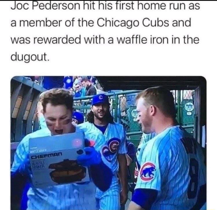 Joc Pederson hit his first home run as amember of the Chicago Cubs and was rewarded with a waffle iron in the dugout