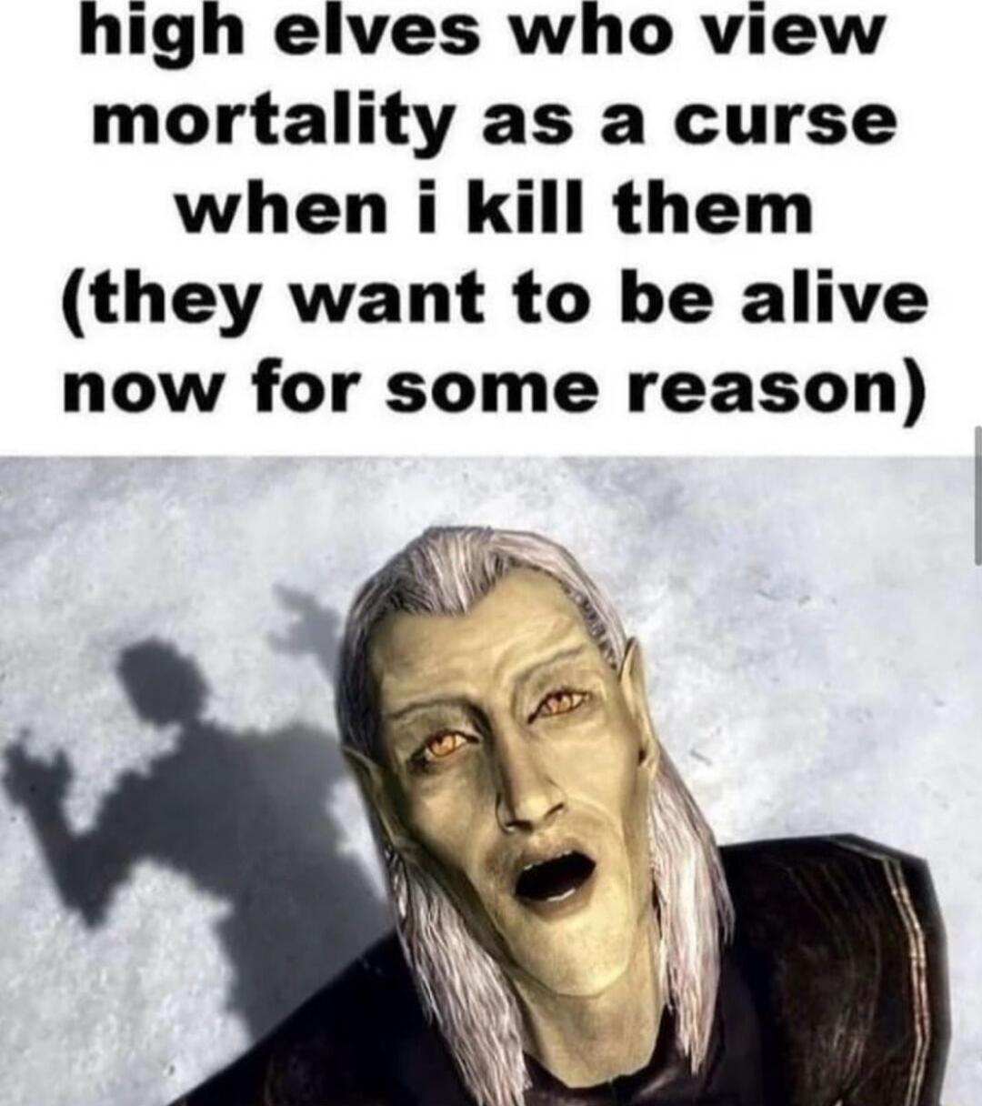 high elves who view mortality as a curse when i kill them they want to be alive now for some reason