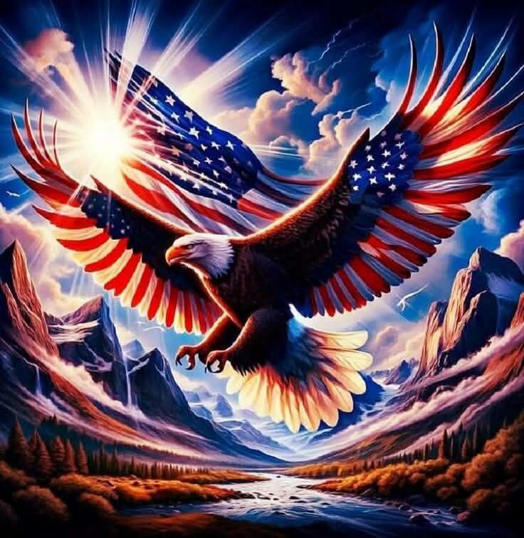 The image depicts a majestic bald eagle with wings spread wide, superimposed with the American flag. The eagle is soaring over a dramatic landscape of mountains, a river, and pine trees, with a radiant sunburst in the background. The overall imagery evokes a sense of patriotism and freedom.