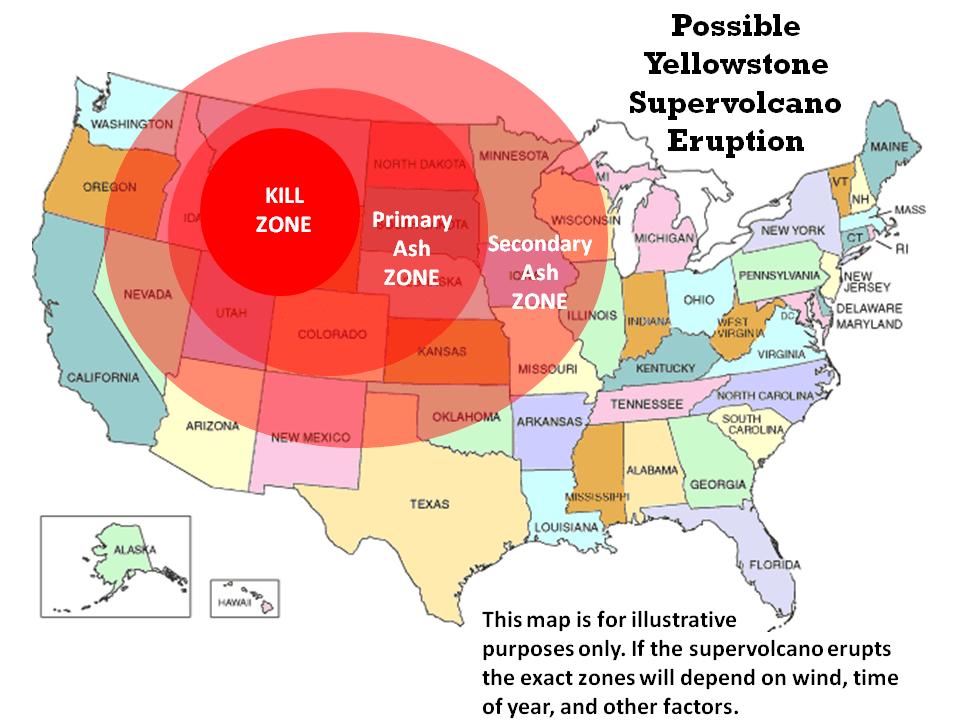 Possible Yellowstone Supervolcano Eruption OREGON NEVADA ARIZONA Thismap is forillustrative _ purposes only If the supervolcano erupts the exact zones will depend on wind time of year and other factors