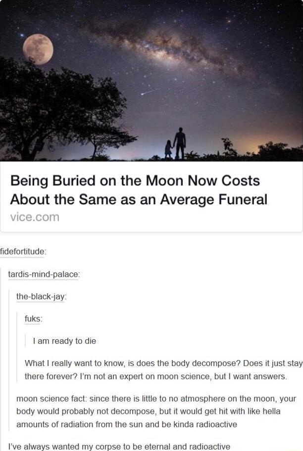 Being Buried on the Moon Now Costs About the Same as an Average Funeral sdeforiude tardis mind palace the black jay fuks 1 am ready to die What really want to know is does the body decompose Does it just stay there forever Im not an expert on moon science but want answers moon science fact since ther s ftte to no atmosphere on the moon your body would probably not decompose but it would get hit wi