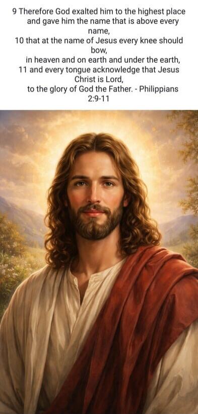 Therefore God exalted him to the highest place and gave him the name that is above every name, that at the name of Jesus every knee should bow, in heaven and on earth and under the earth, and every tongue acknowledge that Jesus Christ is Lord, to the glory of God the Father. - Philippians 2:9-11