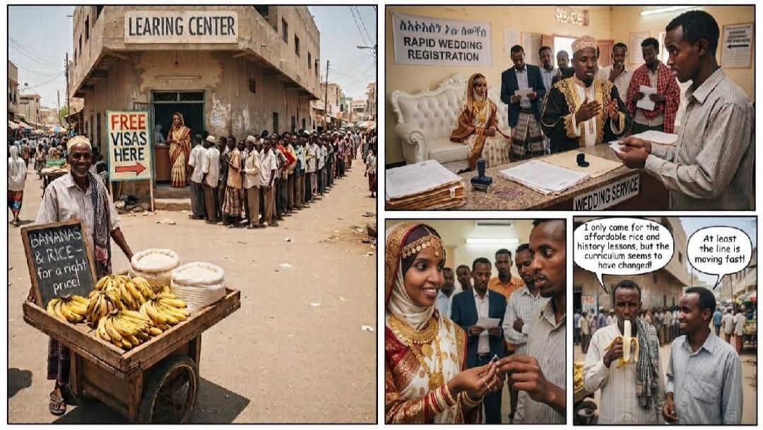 LEARING CENTER. FREE VISAS HERE. BANANAS & RICE - for a right price! RAPID WEDDING REGISTRATION. WEDDING SERVICE. I only came for the affordable rice and history lessons, but the curriculum seems to have changed! At least the line is moving fast!
