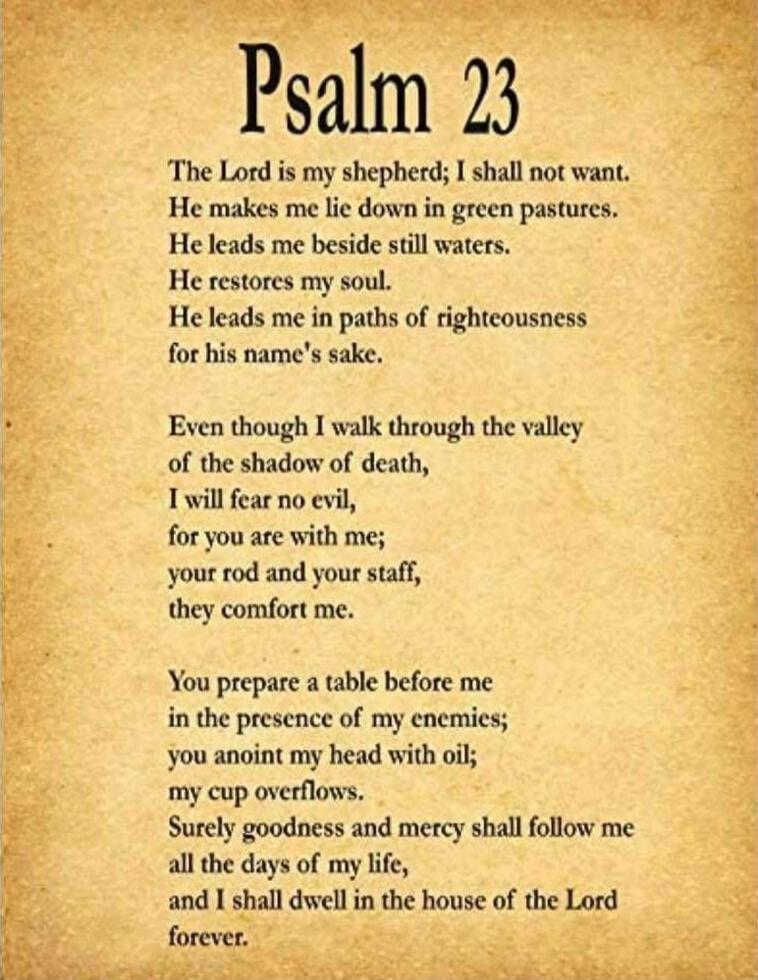 Psalm 23
The Lord is my shepherd; I shall not want. He makes me lie down in green pastures; He leads me beside still waters. He restores my soul. He leads me in paths of righteousness for his name's sake.
Even though I walk through the valley of the shadow of death, I will fear no evil, for you are with me; your rod and your staff, they comfort me.