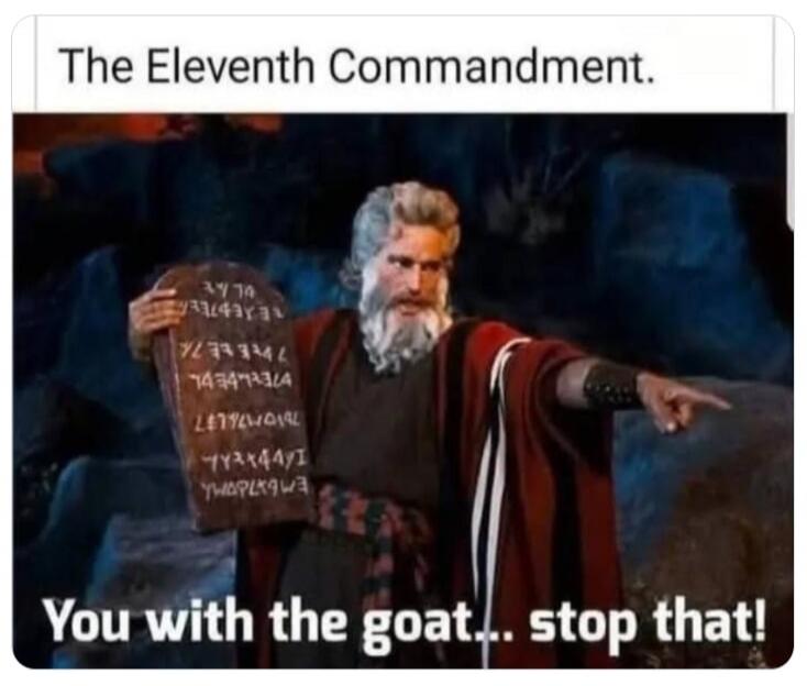 The Eleventh Commandment. You with the goat... stop that!